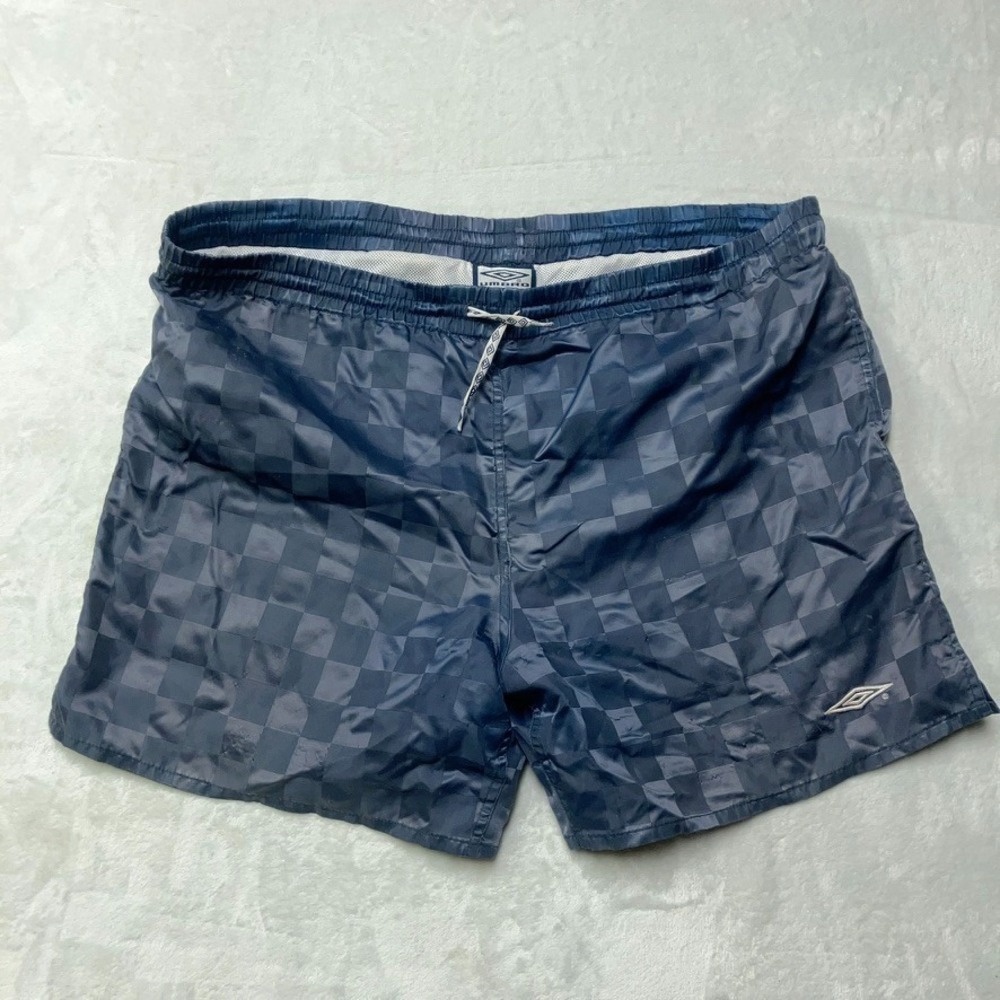 Vintage 90s Umbro Shorts Blue Shiny Checkered Soccer Shorts Mens L CLEAN LINING